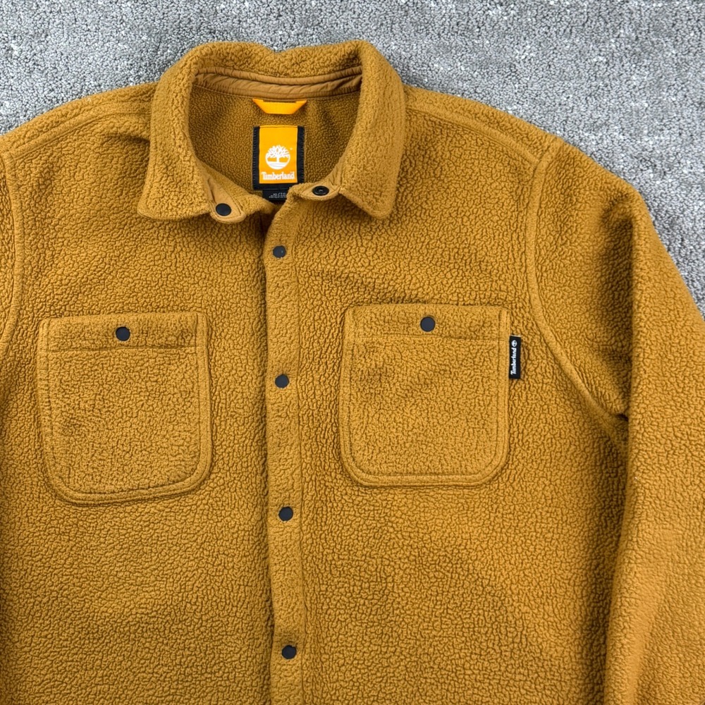 Timberland Mens XL Sherpa Fleece Shirt Jacket Wheat Yellow Button Up Shacket